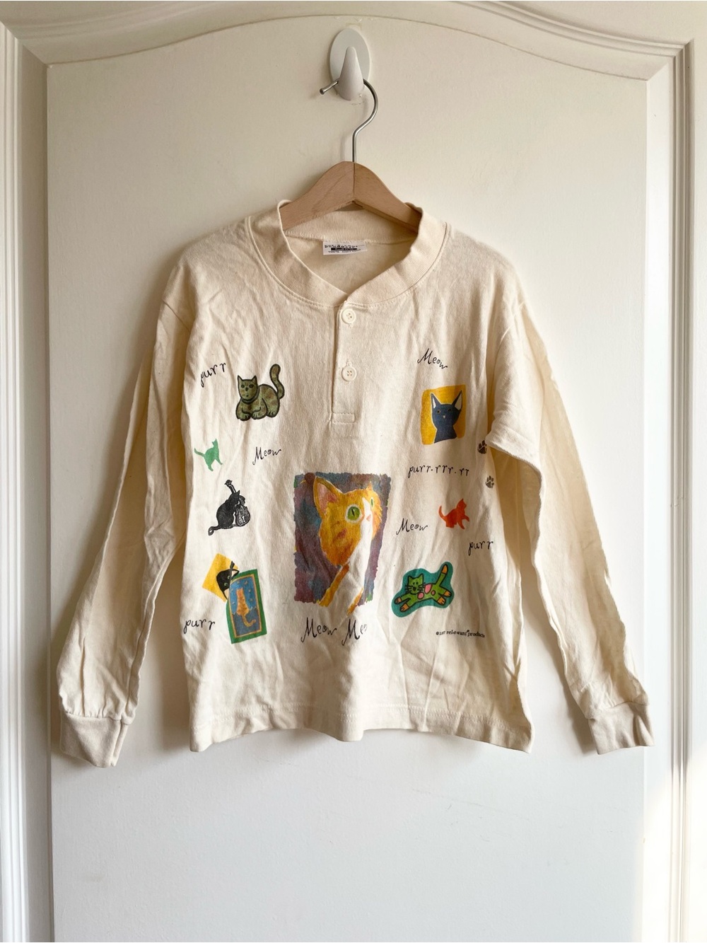90s Kids Cat Henley Shirt Relevant Products Vintage 100% Cotton Cat Lovers